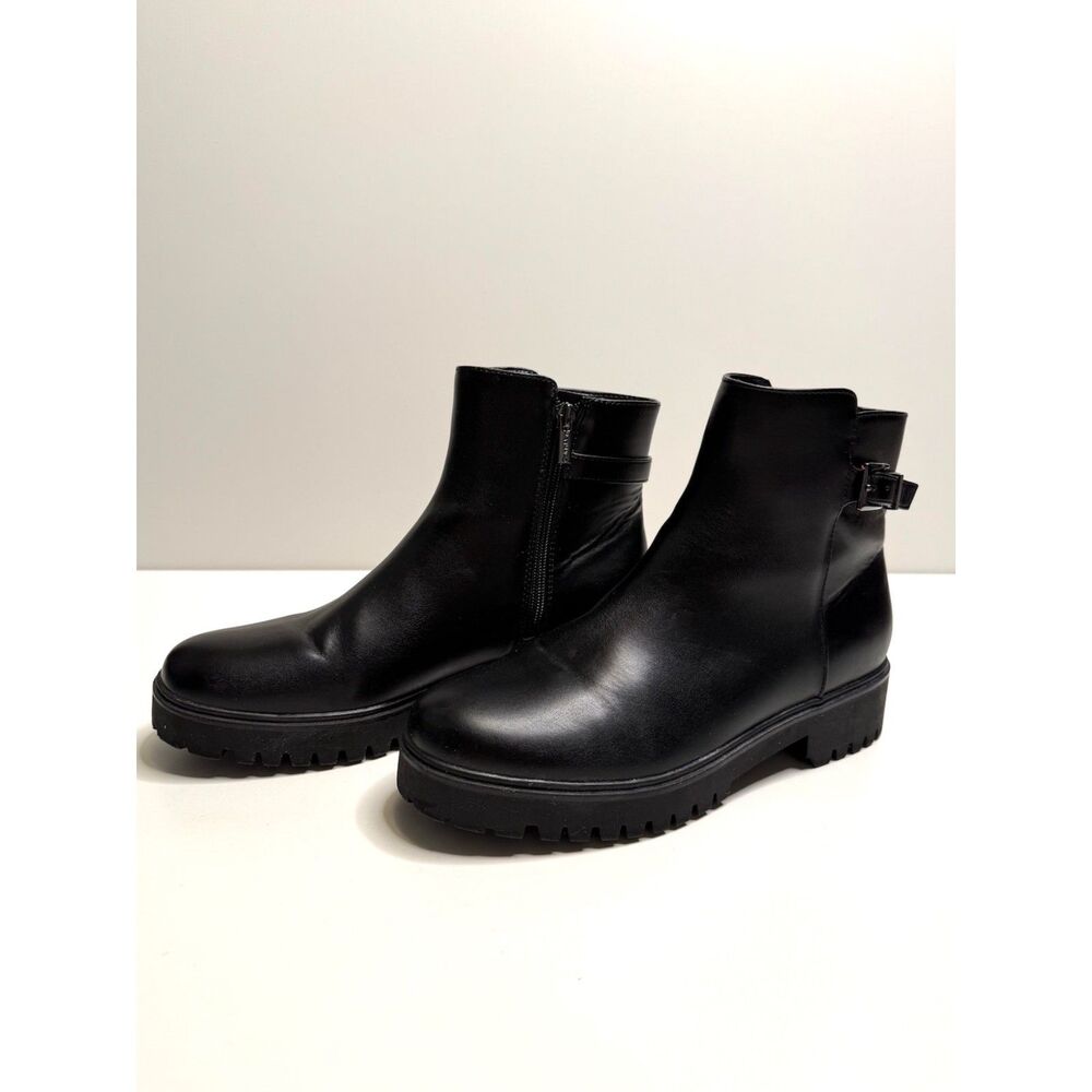 Calvin Klein Kalonie 3 Women’s 9M Black Lug Sole Ankle Boots Buckle Zip
